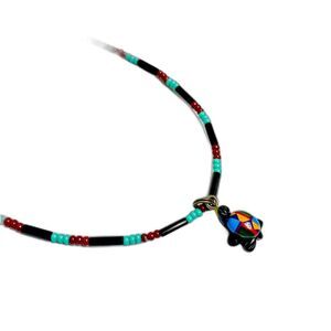 Southwestern Black Onyx Turtle w Black, Red & Truquoise Beads Bracelet/Anklet